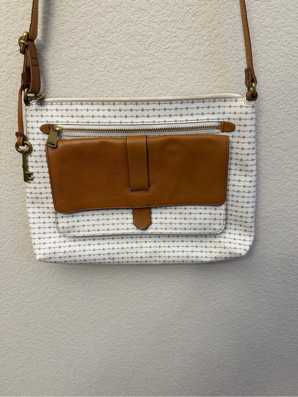 Fossil Cream & tan leather textured Crossbody with Tan Leather Trim & canvas - Picture 2 of 16